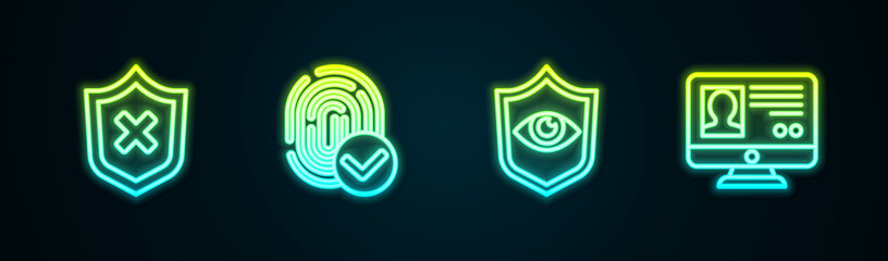 Wall Mural - Set line Shield with cross mark, Fingerprint, and eye and Create account screen. Glowing neon icon. Vector