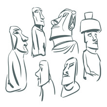 Stone Statues From Easter Island Vector Sketches. Ancient Stone Idols. Chilean Moai Illustrations