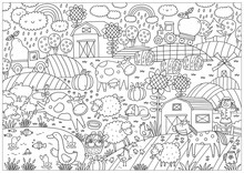 Happy Farm Big Coloring Page. Halloween Coloring Page For Kids. Cartoon Big Coloring Poster In Doodle Style. Cute Cow, Dog, Sheep, Chicken, Geese, Horse, Piglets
