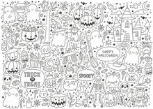 Trick Or Treat Coloring Page. Halloween Coloring Page For Kids. Cartoon Big Coloring Poster In Doodle Style. Cute Witch, Ghost, Castle, Pumpkin, Bat, Zombie, Mummy, Cat