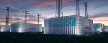 Renewable Energy Storage. Containers With High Tension Towers. 