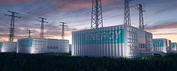 Renewable energy storage. Containers with high tension towers. 