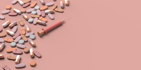 medicine pills and syringe on pink background. health care concept. copy space. 3d illustration.