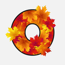 The Number Zero, 0 With Red, Yellow, Orange Maple Leaves With Black Border Isolated On White Background. Vector Holiday Illustration For Postcard, Banner, Cards, Web, Design, Advertising.