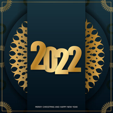 2022 Postcard Merry Christmas And Happy New Year Dark Blue With Winter Gold Pattern