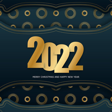 2022 Postcard Merry Christmas And Happy New Year Dark Blue With Winter Gold Ornament