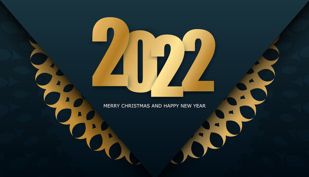 2022 Postcard Happy New Year Dark Blue with Winter Gold Ornament
