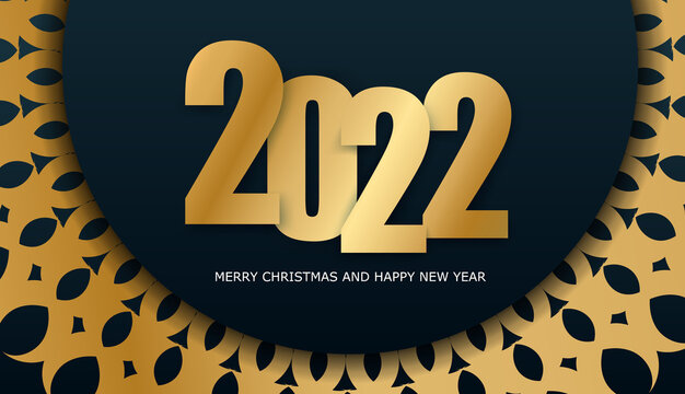 2022 Postcard Happy New Year Dark Blue with Abstract Gold Ornament