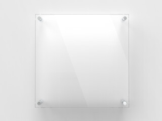 Blank square transparent glass office corporate Signage plate Mock Up Template, Clear Printing Board For Branding, Logo. Transparent acrylic advertising signboard mockup front view. 3D rendering