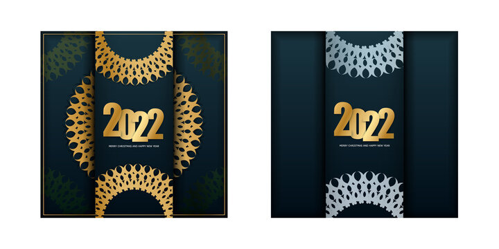 2022 merry christmas and happy new year flyer in dark blue with luxury gold pattern
