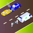 Paramedics taking car accident victim ot an ambulance 3d isometric vector illustration concept for banner, website, landing page, ads, flyer