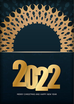 Flyer 2022 Merry Christmas and Happy New Year Dark blue color with abstract gold pattern