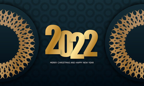 2022 Happy New Year Flyer Dark Blue with Winter Gold Pattern
