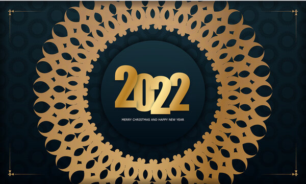 2022 dark blue happy new year flyer with winter gold ornament