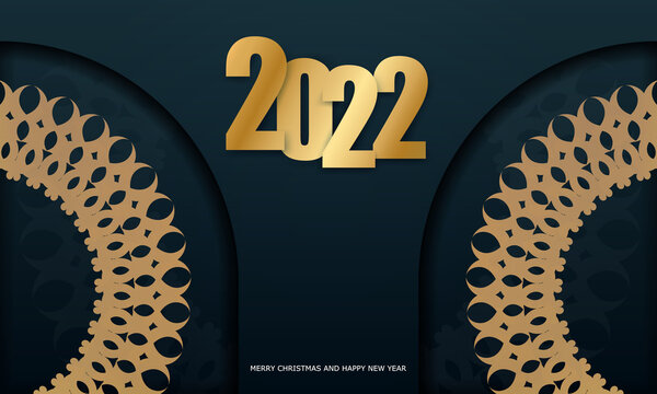 2022 Holiday Card Merry Christmas and Happy New Year in Dark Blue with Abstract Gold Ornament