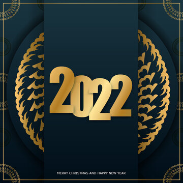 2022 Holiday Card Merry Christmas Dark Blue with Winter Gold Pattern