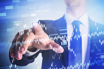 Poster - Businessman wearing formal suit is touching digital screen with hand