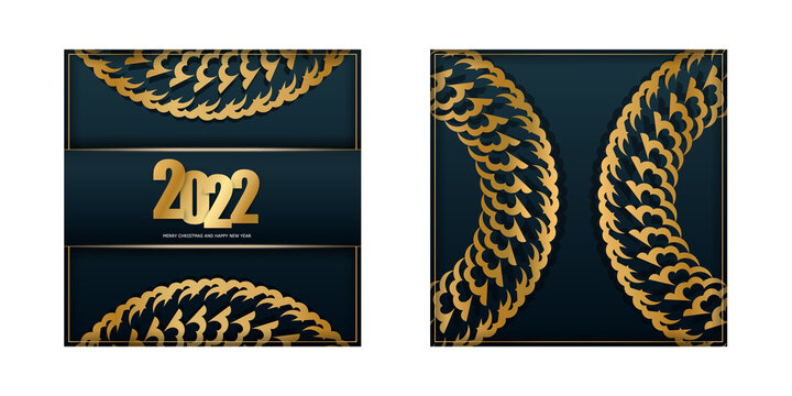 Holiday Flyer 2022 Merry Christmas and Happy New Year Dark blue color with vintage gold ornament