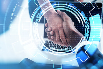 Poster - African American businessman shakes hands with businesswoman in formal suit