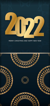 Merry Christmas and Happy New Year 2022 Postcard Template in Dark Blue with Luxury Gold Pattern
