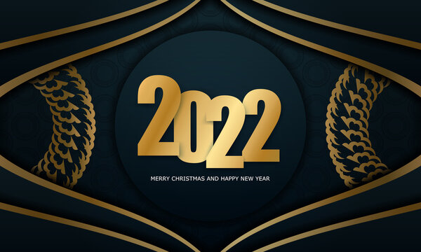 Postcard template 2022 Merry Christmas and Happy New Year in Dark blue with vintage gold ornament