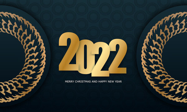 Postcard Template 2022 Merry Christmas And Happy New Year Dark Blue With Winter Gold Pattern