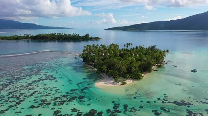 Wall Mural - Bora Bora Drone aerial video of small Island paradise. Travel vacation icon of beach private island motu with palm trees. Turquoise crystal lagoon ocean water on Bora Bora, French Polynesia.