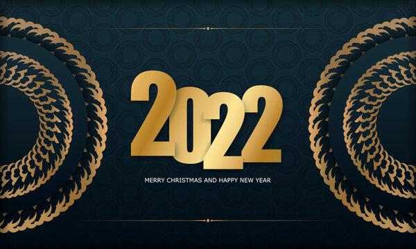 Postcard Template 2022 Merry Christmas Dark Blue with Luxury Gold Ornament