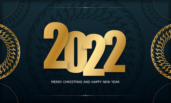 Postcard Template 2022 Merry Christmas Dark Blue with Vintage Gold Pattern
