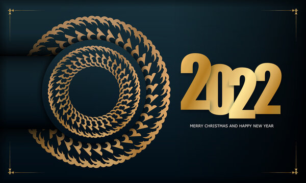 Postcard Template 2022 Merry Christmas Dark Blue with Vintage Gold Ornament