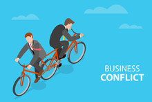 3D Isometric Flat Vector Conceptual Illustration Of Business Conflict, Business Going In Different Directions - Two Men Rowing In Opposite Direction