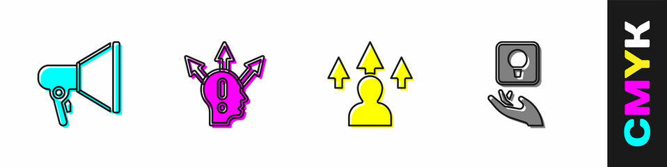 Set Megaphone, Project team base, Front end development and Light bulb icon. Vector