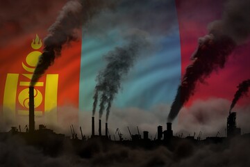 Wall Mural - dense smoke of industry pipes on Mongolia flag - global warming concept, background with space for your text - industrial 3D illustration