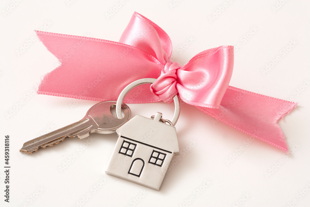 Patterned House Key House keys with house shaped keychain with pink ribbon on white ...