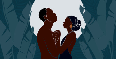 Wall Mural - Set of profile portrait african american woman and man. People stands in jungle with large tropical monstera leaf, palm leaves. Dark blue night with moon in the jungle. Vector background. Flat style.