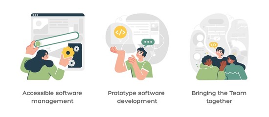 Software development company abstract concept vector illustration set. Accesible software management, team task management, project life cycle abstract metaphor.