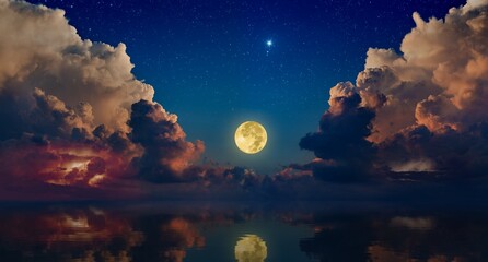 Naklejka na meble Full moon rising above serene sea in sunset sky with glowing clouds and bright stars