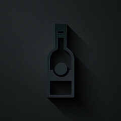 Sticker - Paper cut Glass bottle of vodka icon isolated on black background. Paper art style. Vector