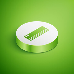 Poster - Isometric Air conditioner icon isolated on green background. Split system air conditioning. Cool and cold climate control system. White circle button. Vector