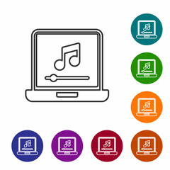 Poster - Black line Laptop with music note symbol on screen icon isolated on white background. Set icons in color circle buttons. Vector