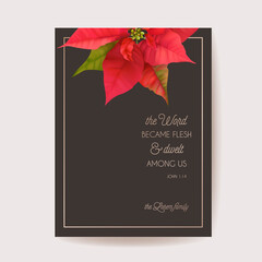Wall Mural - Poinsettia Winter Floral Card, Christmas Vector Wedding Invitation. Holiday Party greeting banner template