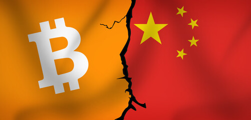 Poster - Cryptocurrency fight concept with Chinese and Bitcoin flag representing ban. Modern bitcoin banned in china concept backdrop