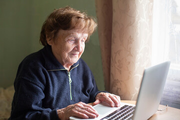 Wall Mural - Old retired woman studying working on the computer.