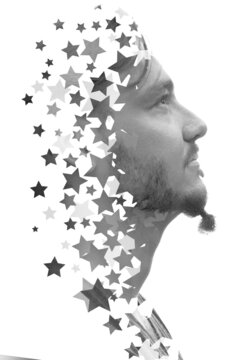 Double exposure portrait of a rockstar