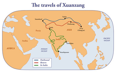  Map of the voyages of Chinese traveler Xuanzang