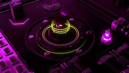 Poster - View inside of an alien space ship control panel details, dark abstract interior with neon lighting. Motion. Glowing lever of a speed switch surrounded by different buttons.