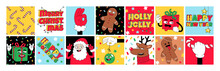 Merry Christmas And Happy New Year Funny Cartoon Characters. Sticker Pack, Posters In Trendy Weird Retro Cartoon Style.