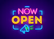 © Pavlo Syvak - Now Open Typography, Glowing Neon Banner Isolated on Blue Background. Sign for Store, Shop Door or Company Service