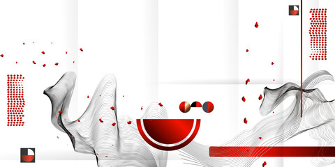 Wall Mural - White abstract background of lines and figures in the Japanese style red black white minimalism. White background vector illustration