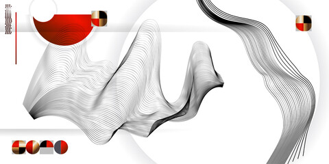 Wall Mural - White abstract background of lines and figures in the Japanese style red black white minimalism. White background vector illustration